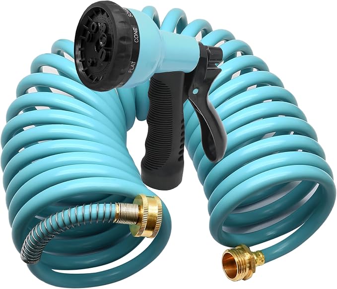 25ft EVA Garden Hose | Curly Water Hose Coil, Corrosion Resistant, 7-Pattern Function Sprayer, Retractable for Outdoors Lawn Car Washing