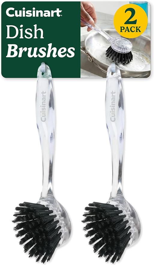 Cuisinart Dish Brush with Handle, 2 Pack, Firm Bristles | Multi-purpose dish scrubber for plates, pots, and pans, deep cleaning removes grease, safe for nonstick, round head