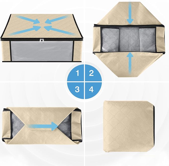 HomeHacks 10-Pack Clothes Organizer Storage Bags, 35L Storage Bins, Beige | Foldable Storage Box Container with Zippers, Clear Window, Reinforced Handles for Closet, Dorm, Pillows, Bedding, Sweater