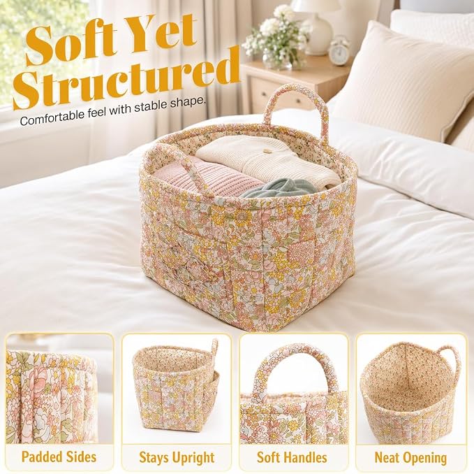 Foldable Laundry Boho Floral Quilted Storage Bin Basket with Handles for Clothes, Car Organizer, Collapsible Hamper ，1