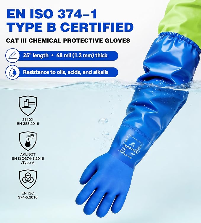 AnTools 25" Heavy-Duty PVC Chemical Gloves, Waterproof Long-Sleeve Work Gloves with Cotton Liner and Non-Slip Grip, for Lab, Pool Cleaning, Oil, and Industrial Work, Blue, Medium