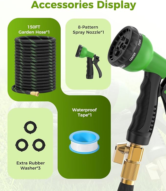 150ft Garden Hose，Non-Expandable Water Hose with 8 Function Spray Nozzle, Burst-Resistant，Kink-Free，Lightweight，Durable & Flexible 3/4" Garden Hose for Gardening, Yard，Lawn, Car Washing