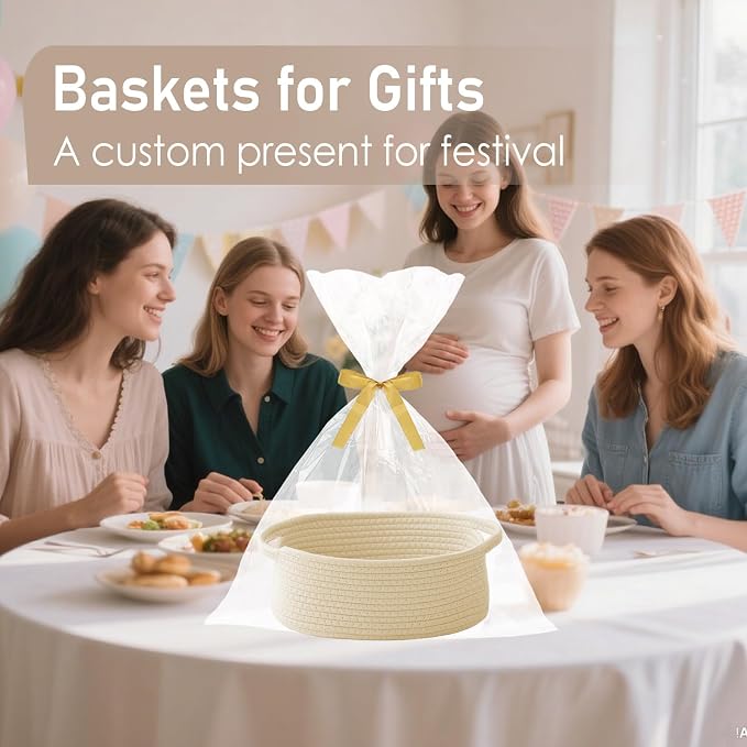 JMvicyroam Small Woven Basket, Empty Gift Basket, Beige/1 Pack | Small Gift Basket, Cotton Rope, 12 x 8 x 9 in, Handles, Includes Ribbon and Bag, Birthday Gift Basket