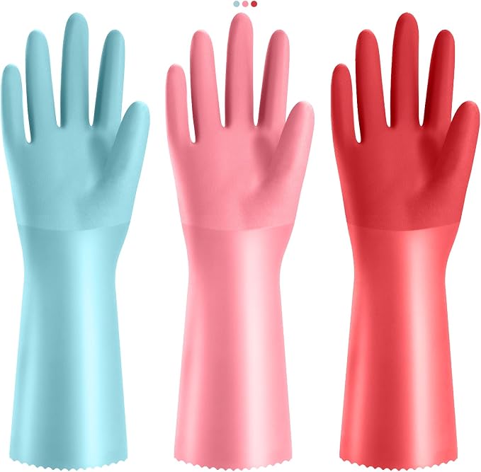 KAQ PVC Rubber Gloves with Cotton Lined: Anti-Slip Dishwashing Gloves 3 Pairs for Kitchen Washing Dishes - Heavy Duty Household for Working Painting Pet Care Handling Chemicals