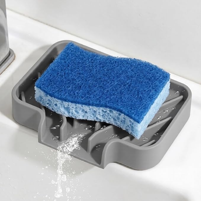 GUUKIN Sponge Holder for Kitchen Sink, 5x3.5 Inch Auto-Draining Soap Tray & Sink Organizer | Compatible with Scrub Daddy, Keep Countertops Dry, Kitchen Sink Accessories (Grey)