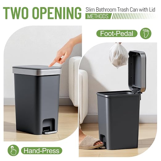 2 Pack Bathroom Trash Can with Lid 2.6 Gallon,Small Step Trash Can | Plastic Garbage Can with Press Top Bin & Foot Pedal Trash Bin, Mini Waste Basket for Bedroom,Home Offices,Dorm,RV(Black Gray)