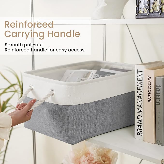 15.7x11.8x8.26 Inch Fabric Large Storage Bins with Handles 1 Pack | Foldable, Sturdy Metal Strand, Cardboard Support Molding, Fabric Storage Baskets for Shelves, Closet, Bedroom, White/Gray