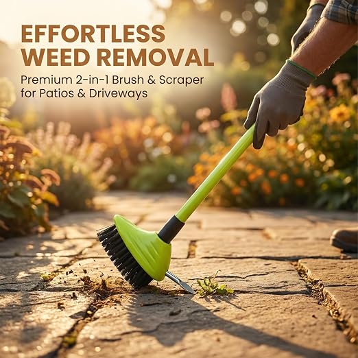 3-in-1 Weed Brush Set with Long Handle for Patio & Driveway (Orange,3pcs) | Includes a floor scrub brush, gap cleaning brush and metal weeding hook for cleaning patios, concrete, decks and driveways.