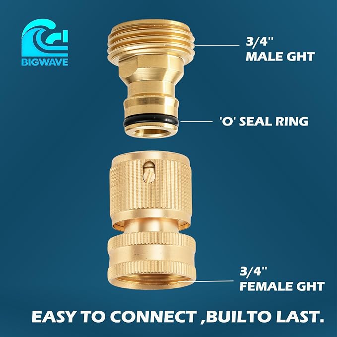 BIGWAVE Garden Hose Quick Connect, Solid Brass Quick Connector for 3/4 inch GHT Garden Hose Fitting Water Hose Connectors (2SETS)