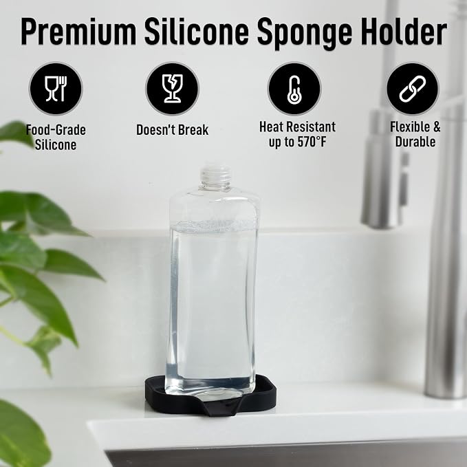Zulay Kitchen Small Silicone Sponge Holder (4.9x3.3”) – Space-Saving Sink Organizer Tray for Sponge, Soap, Brush & More – Compact Non-Slip Dish for Kitchen & Bathroom (Black)