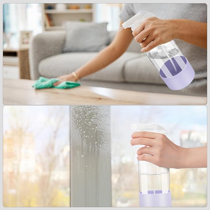 Glass Spray Bottles - 2 Pack 16 oz Clear Spray Bottles with Silicone Sleeve | Adjustable Nozzle, Mist/Stream, Refillable, Leak-proof, Anti-slip, Perfect for Hair, Cleaning Solutions, Plants, Purple