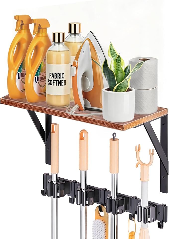 1Pack Broom Holder with Organizer Shelf 4 Broom Slots 5 Removable Hooks | Space-Saving Broom and Mop Organizer Wall Hanging , Laundry Room Shelves for Laundry Room Garage Garden Closet