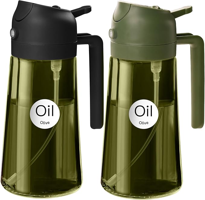 YARRAMATE 16 oz 2-in-1 Dark Glass Oil Sprayer & Dispenser, BlackOliveGreen | Light-blocking dark green glass, food-grade spray and pour bottle for cooking, air fryer, salad and BBQ