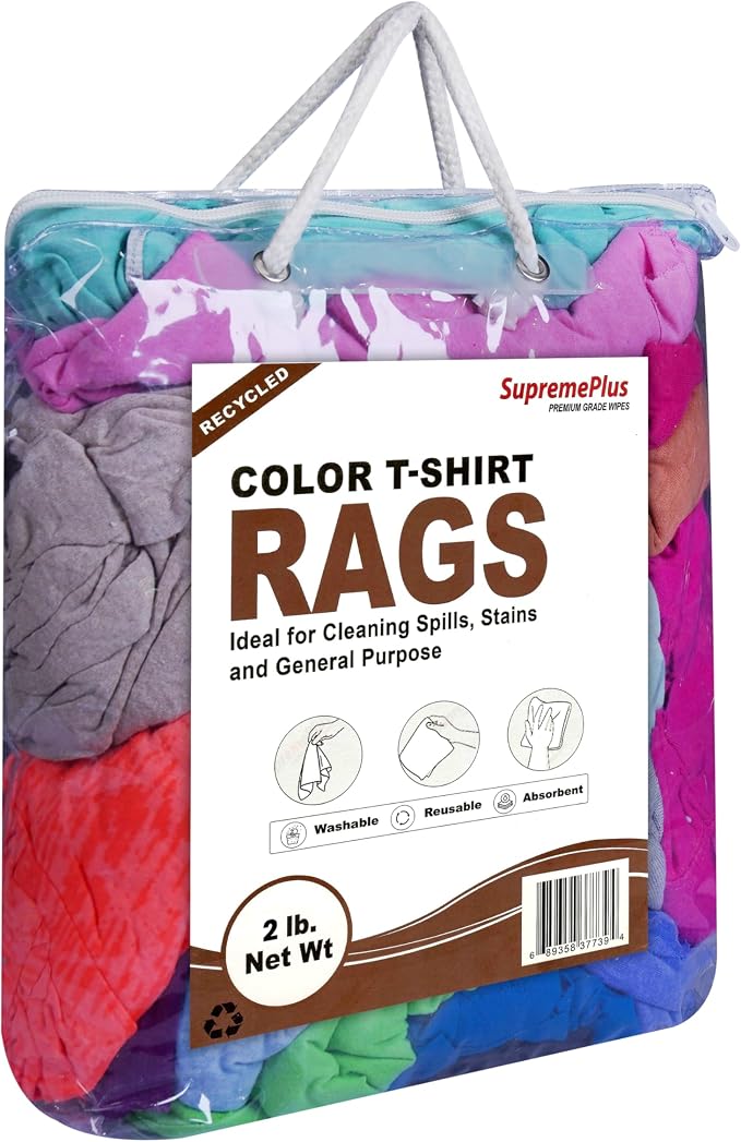 Recycled Multicolored Knit T-Shirt Cleaning Cloths, 2 lb Bag of Rags, Reusable & Multipurpose Cotton Rags for Wiping, Dusting, Polishing, Staining, Paint Spill Cleanup, and Home Use
