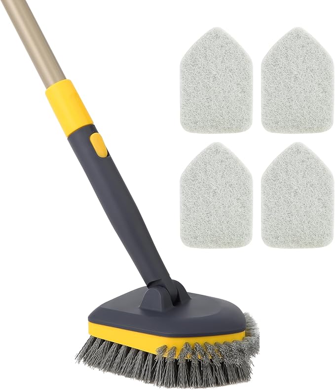 Yocada Tub Tile Scrubber Brush 2 in 1 Cleaning Brush 58.2" Telescopic Pole | Stiff Edge Bristles 4*Scouring Pads for Bathroom Shower Floor Corner Cleaning Non Scratch