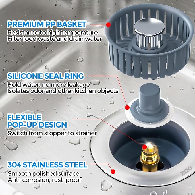 zaa 3 in 1 Kitchen Sink Drain Strainer Stopper Removable Basket Pop-Up | Kitchen Sink Food Strainer 1 Pack Silver Stainless - Food Catcher, Odor-Block Seal, Fits 3.5" Drain, Easy Clean