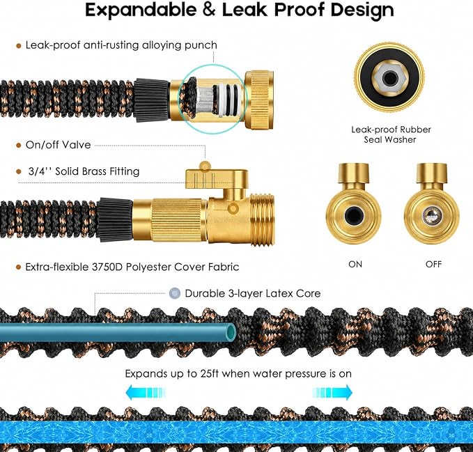 50ft Expandable Garden Hose Flexibility,Lightweight,Flexible, No-Kink | Retractable Water Hose with 10-Function Spray Nozzle,3/4" Solid Brass Fittings,3750D Fabric,Latex Core,durable Leak-Proof