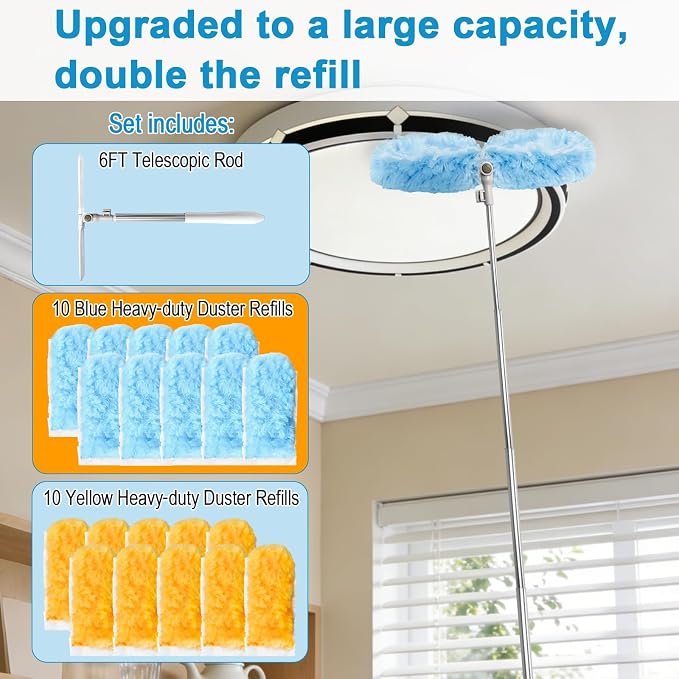 6 ft Extendable Duster Handle with 20 Refills | Duster with Extension Pole, Disposable Microfiber Dusting Pads for Home Cleaning,High Ceiling, Window, Hard-to-Reach Areas