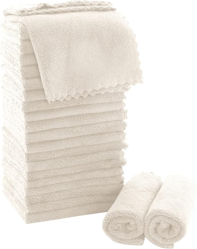 MOONQUEEN Ultra Soft Premium Washcloths Set - 12 x 12 inches - 24 Pack - Quick Drying - Highly Absorbent Coral Velvet Bathroom Wash Clothes - Use as Bath, Spa, Facial, Fingertip Towel (Cream)