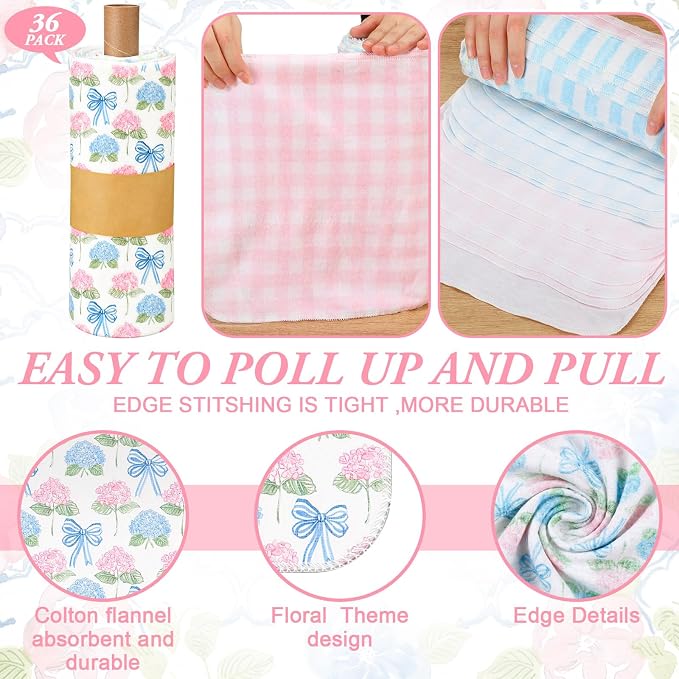 Reusable Kitchen Cloths Cotton Towel, 36 Pack, Pastel Hydrangea | Washable 9.84x11.81in, Paperless Towel Rolls Bulk, Cleaning Cloth Napkins for Dishes