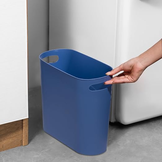 rejomiik Small Bathroom Trash Can, 3.5 Gallon Slim Garbage Can, Blue | Plastic Waste Basket with Handles for Bathroom, Bedroom, Dorm, Kitchen, Office and Narrow Spaces