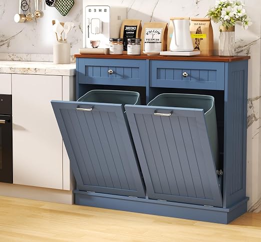 LOUVIXA Tilt Out Trash Can Cabinet with Double Hidden Trash Bin Holder, Kitchen Free Standing Recycling Cabinet,Dog Proof Trash Can,Wood, Blue