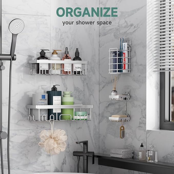 Veken Shower Caddy 5-Pack, Bathroom Organizers and Storage Shelves, Silver | Advanced Rustproof Design, Large Capacity, No Drilling, Adhesive Rack with Soap Holder, Wall-Mounted Kitchen & Home Decor
