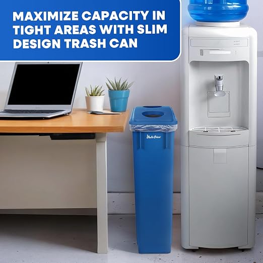 PLASTIC PRINCE 23 Gallon Slim Trash Can with Recycling Lid for Bottles and Cans, Blue Commercial Rectangular Garbage Can, Waste Bin for Home Kitchen Office Cabinett 6 Pack
