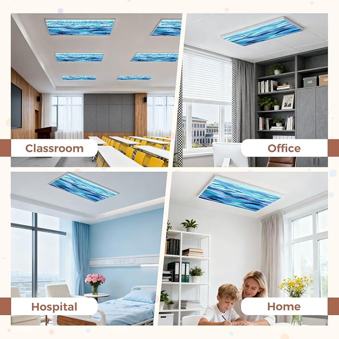 6 Pcs Fluorescent Light Covers for Ceiling Lights Abstract stylized wave sky like stained glass window Magnetic Decorative Shade Filters 4x2 ft for Classroom Office Hospital Decor