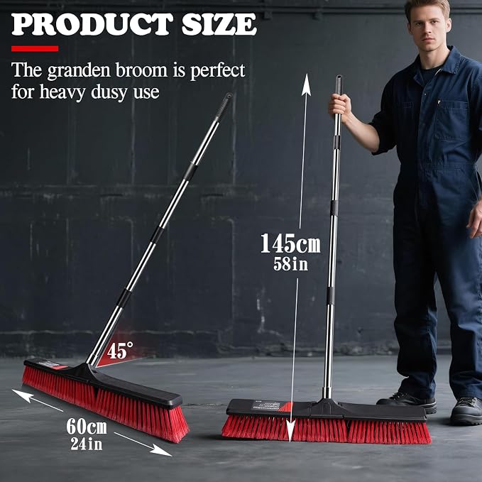 24" Push Broom Outdoor, Heavy Duty Garden Brush Broom with 58" Long Handle | Commercial Outdoor Broom for Deck Driveway Garage Yard Patio Warehouse Concrete Floor Cleaning