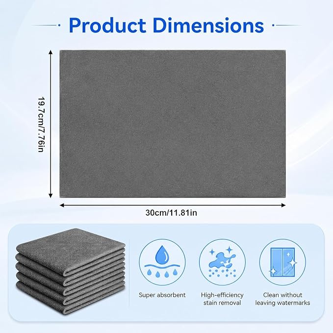 5 Pcs Magic Cleaning Cloths, Microfiber Cleaning Cloths, Thickened Streak-Free Microfiber Towels Cleaning Cloth for Glass, Window, Kitchen, Stainless Steel, Cars, Reusable (20x30cm)