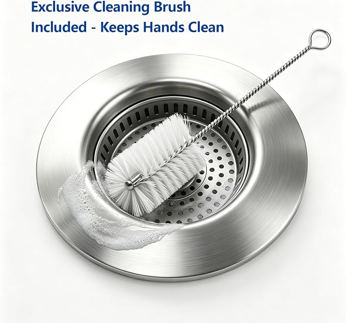 MAISHI 3-in-1 Kitchen Sink Drain Strainer & Stopper [2 Pack], 304 Stainless Steel Pop Up Drain Plug with Durable Brass Core, Anti-Clogging Sink Basket and Cleaning Brush, Fits US Standard 3-1/2"