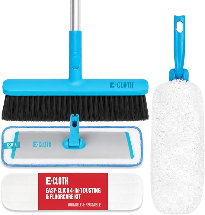 E-Cloth Easy-Click Mop w/ 4 Interchangeable Attachments, 1 Handle + 4 Tools | Broom Head, Dusting Head, Wet Mop, & Dry Dusting Pad Attachment, Home Cleaning Supplies, for Floor Cleaning, Wall, & Ceiling