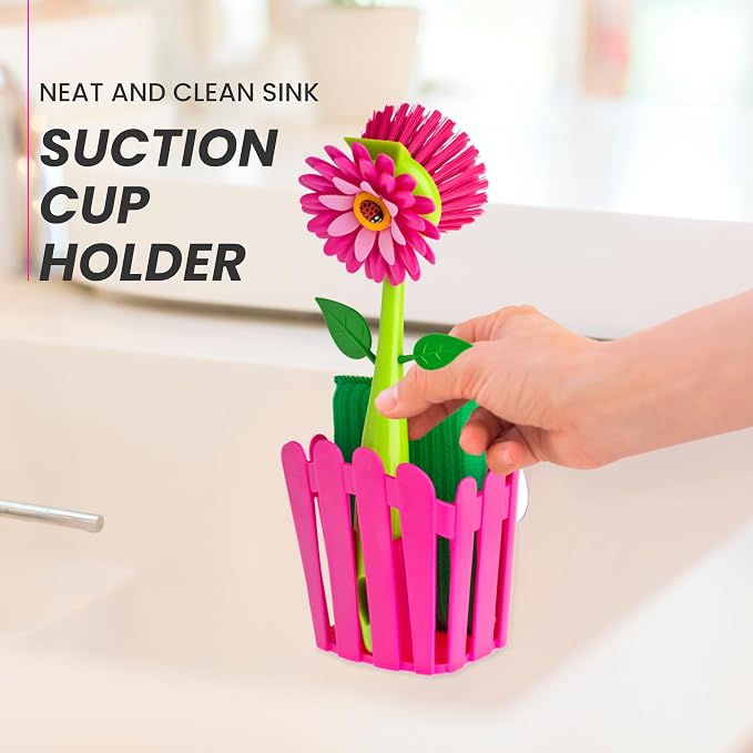 Vigar Flower Power Kitchen Sink Caddy Organizer, Pink | Dish Sponge Holder, Suction Cup and Sponge for Kitchen Sink, Decorative Kitchen Sink Accessories, Countertop Storage Set