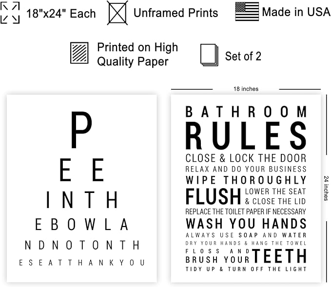 Poster Master 2-Piece Bathroom Sign Print - Eye Chart & Rules Poster - Humorous Guest Bath Decor - Minimal Typography Design - Powder Room Decor - Funny Restroom Sign - 18x24 UNFRAMED Wall Art