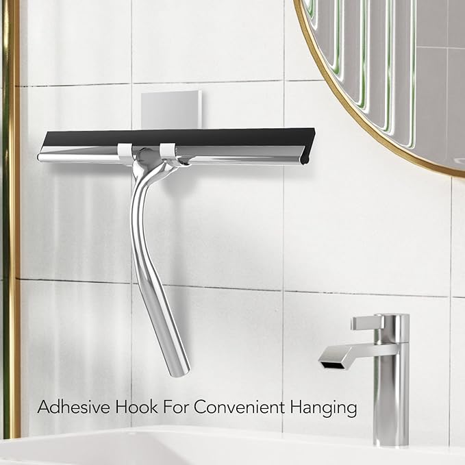 Shower Squeegee for Glass Doors, 10 Inch Stainless Steel Bathroom Squeegee with Hooks, Streak-Free Cleaner for Shower Doors, Windows, Mirrors, Tile Walls & Car Windshield