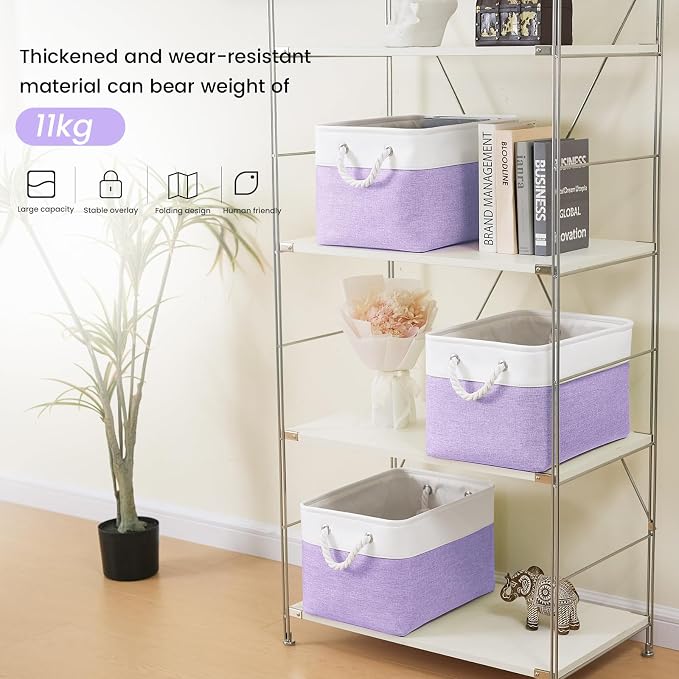 15x11x10 In Foldable Fabric Large Storage Bins with Handle 3 Pack | Organizer Baskets, Sturdy Metal Strand, Cardboard Support Molding, Storage Baskets for Shelves, Closet, Bedroom, White/Purple