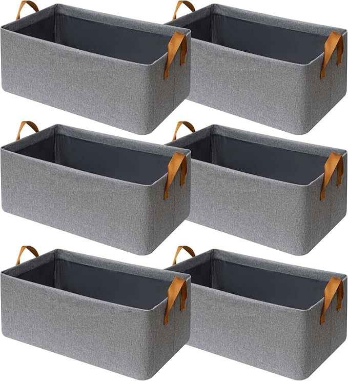 SNWDN 6 Pack Closet Cloth Storage Bins with Handles（ Gray 15''L x 10.2''W x 8.2''H）