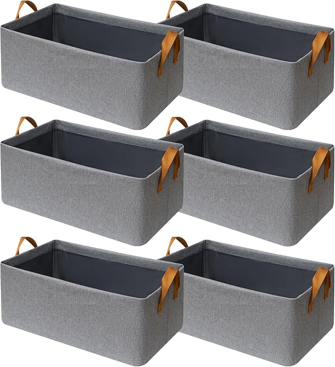 SNWDN 6 Pack Closet Cloth Storage Bins with Handles（Grey 16.5''L x 11.8''W x 9.8''H）