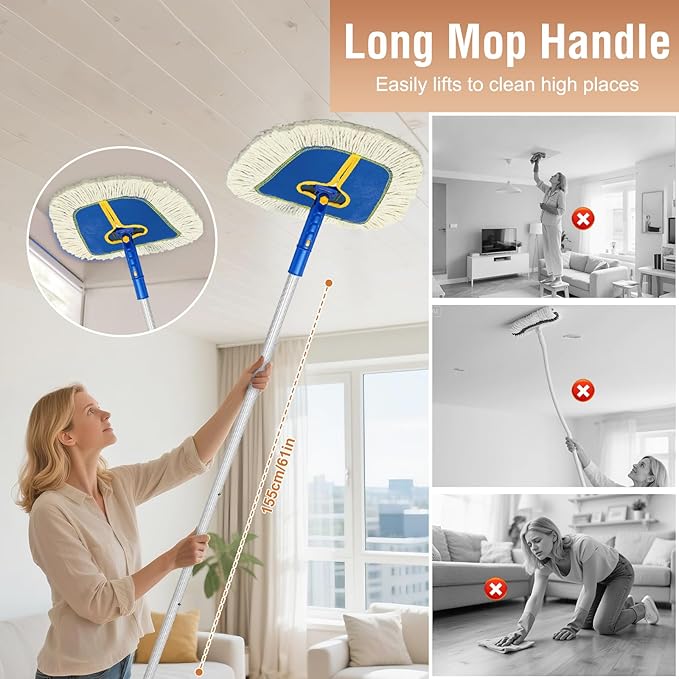 SOBONNE Commercial Dust Mop for Hardwood Floors Cleaning | 2 Reusable Wedge Cotton Mop Pads|61" Long Handle Dry Mop Broom for Walls,Laminate,Vinyl,Tile,Home Floor Duster|Blue