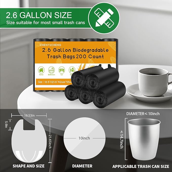 2.6 Gallon Small Trash-Bags Bathroom Unscented - Black With Handles Mini Garbage Bag 200 Count Biodegradable 10 Liter Tiny Waste Basket Liners Kitchen Office Car Strong Thick Bulk Chenyucheng