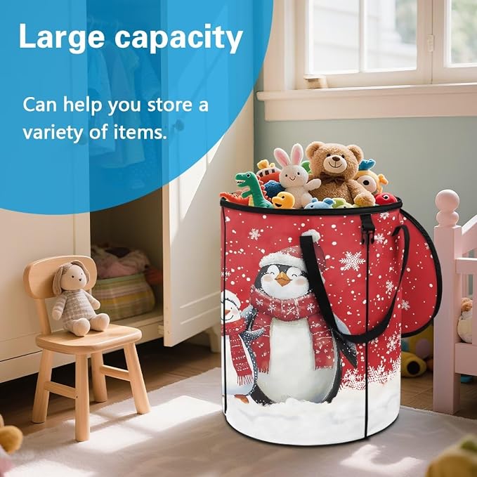 Christmas Penguin 24 Gal Collapsible Trash Can Waterproof Pop-Up Pop up Trash Can for Camping Backyard & Car Travel Easy to Clean Outdoor Garbage Bin Reusable Camping Essentials
