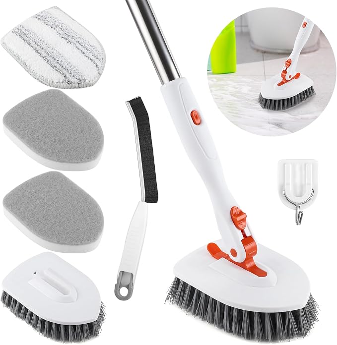 Wlich 3 in 1 Tub Tile Scrubber Brush,52 Inch Long Handle Shower Scrubbing with Locked Head, Shower Cleaning Brush for Bathroom Kitchen Toilet Wall Sink