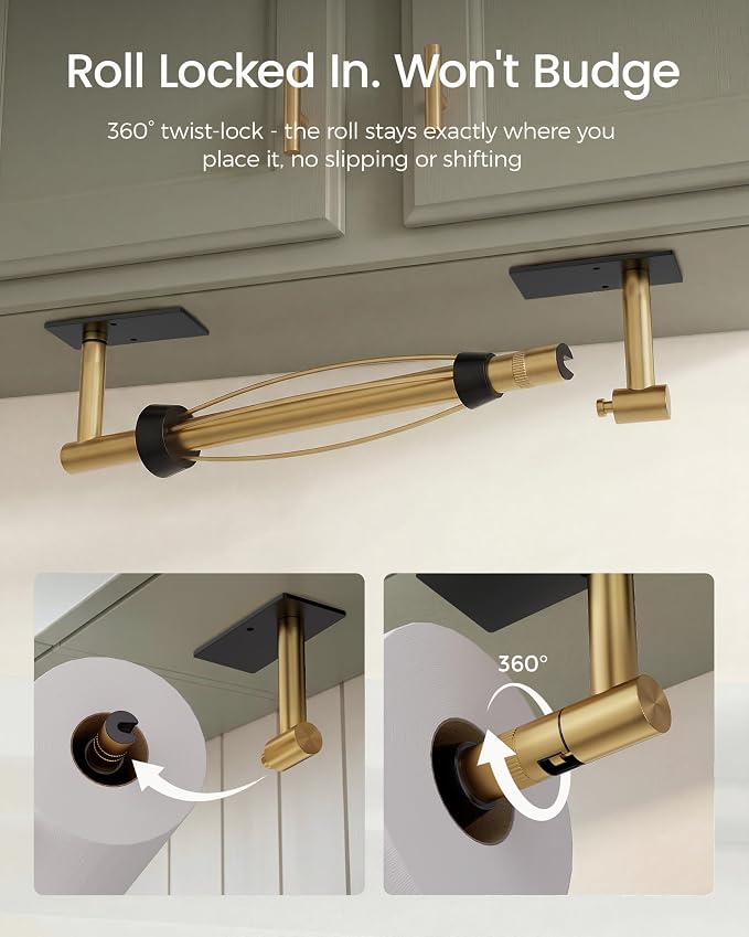 Paper Towel Holder Under Cabinet with Damping No Drill, Black & Gold | Adhesive or Wall Mounted, 304 Stainless Steel Post Pivoting Design, Single Hand Operable for Kitchen Bathroom, Square Base