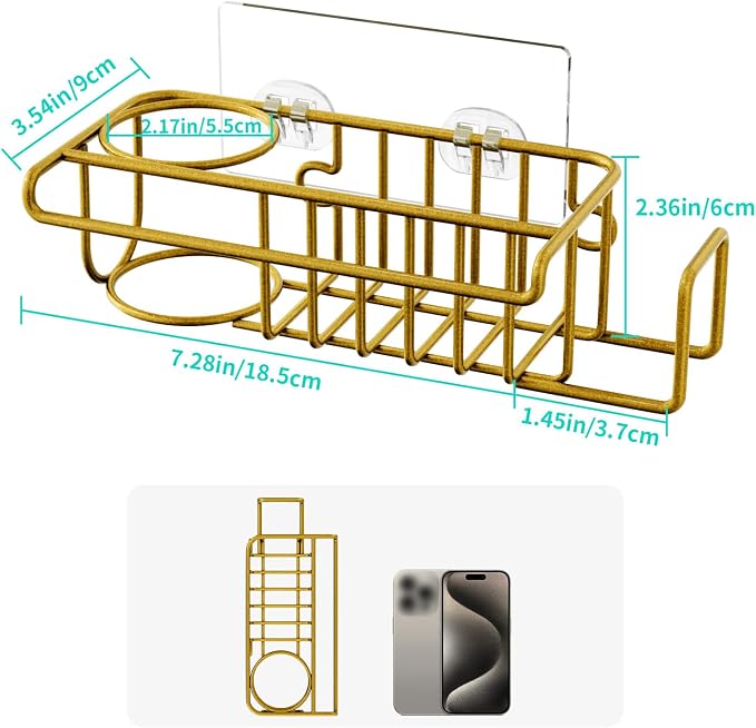 HapiRm Sponge Holder for Kitchen Sink, No Drill Kitchen Sink Caddy Organizer, Rustproof Dish Sponge Holder- Gold(8.73 * 3.54 * 2.36in)