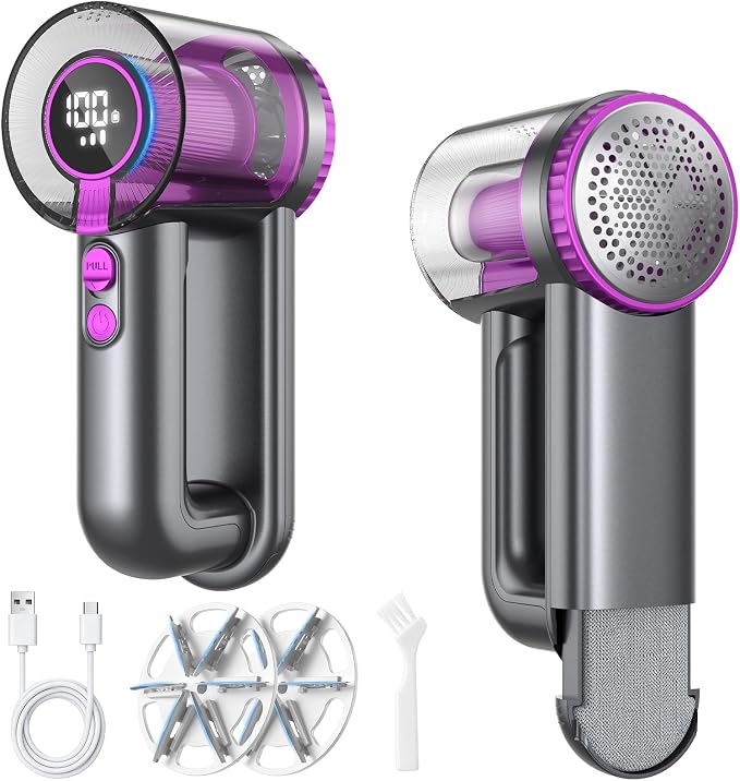 Powerful Fabric Shaver for Clothes, Safe Lint Remover with 2 Extra Replacement Blades, LED Display, Rechargeable 3-Speeds Sweater Shaver for Wool, Cashmere, Knits & Furniture