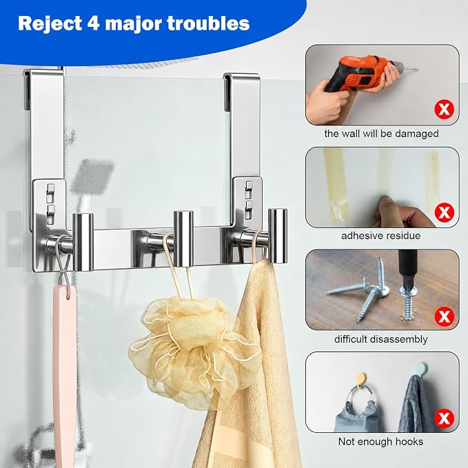 PMMASTO 3-Hook Shower Door Rack, Polished Silver, Fits 3/8-Inch Glass | Extra-Long Heavy-Duty Stainless Steel, No-Drill Design, 3 T-Shaped Hooks for Bathrobes and Towels on Frameless Shower Doors