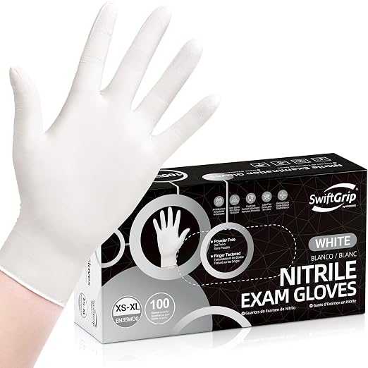 SwiftGrip Disposable Nitrile Exam Gloves, 3-mil, X-Small, Box of 100, White Nitrile Gloves Disposable Latex Free for Medical, Cleaning, Cooking & Esthetician, Food-Safe, Powder-Free, Non-Sterile