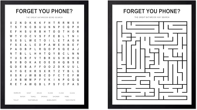 Poster Master 2-Piece Forget Your Phone Print - The Great Bathroom Word & Way Search Poster - Guest Bath Decor - Black & White Design - Powder Room Decor - Fun Restroom Sign - 11x14 UNFRAMED Wall Art