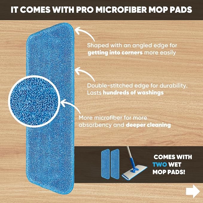 Cinch Mop - Microfiber Mop for Hardwood Floors - Flat Mops System for Wood, Tile, Laminate, Vinyl, 2 Wet Pads Refills, Reusable Micro Fiber Mopping Heads